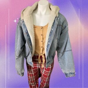 Denim and faux Sherpa crop jacket with hood